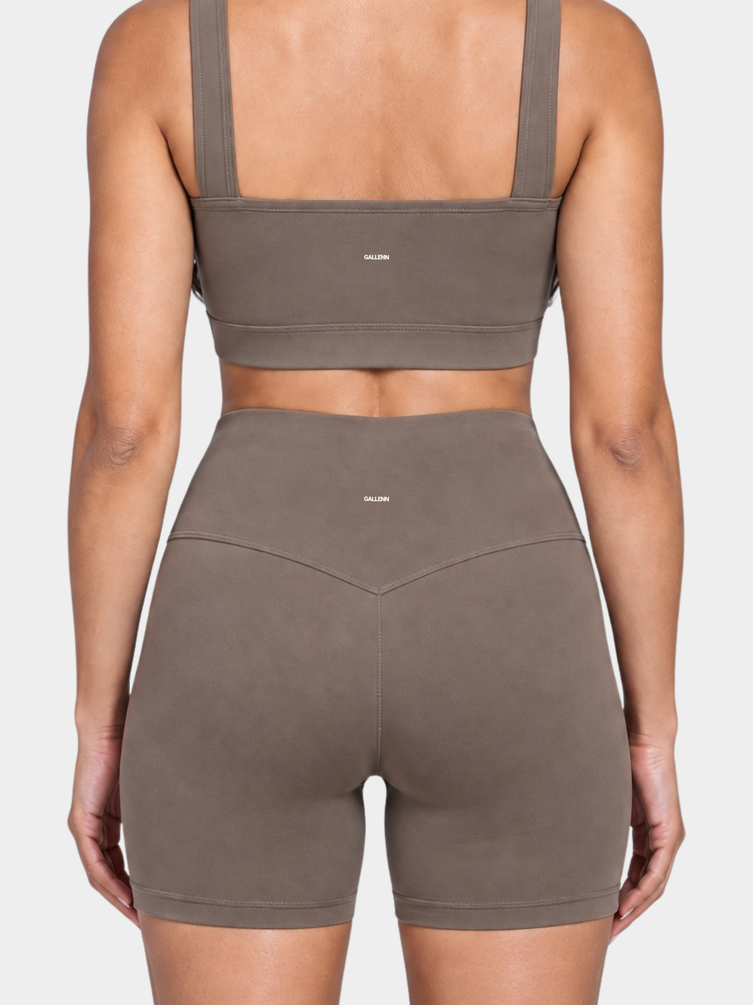 Woman wearing the Allure Short in Mocha by Gallenn – back detail