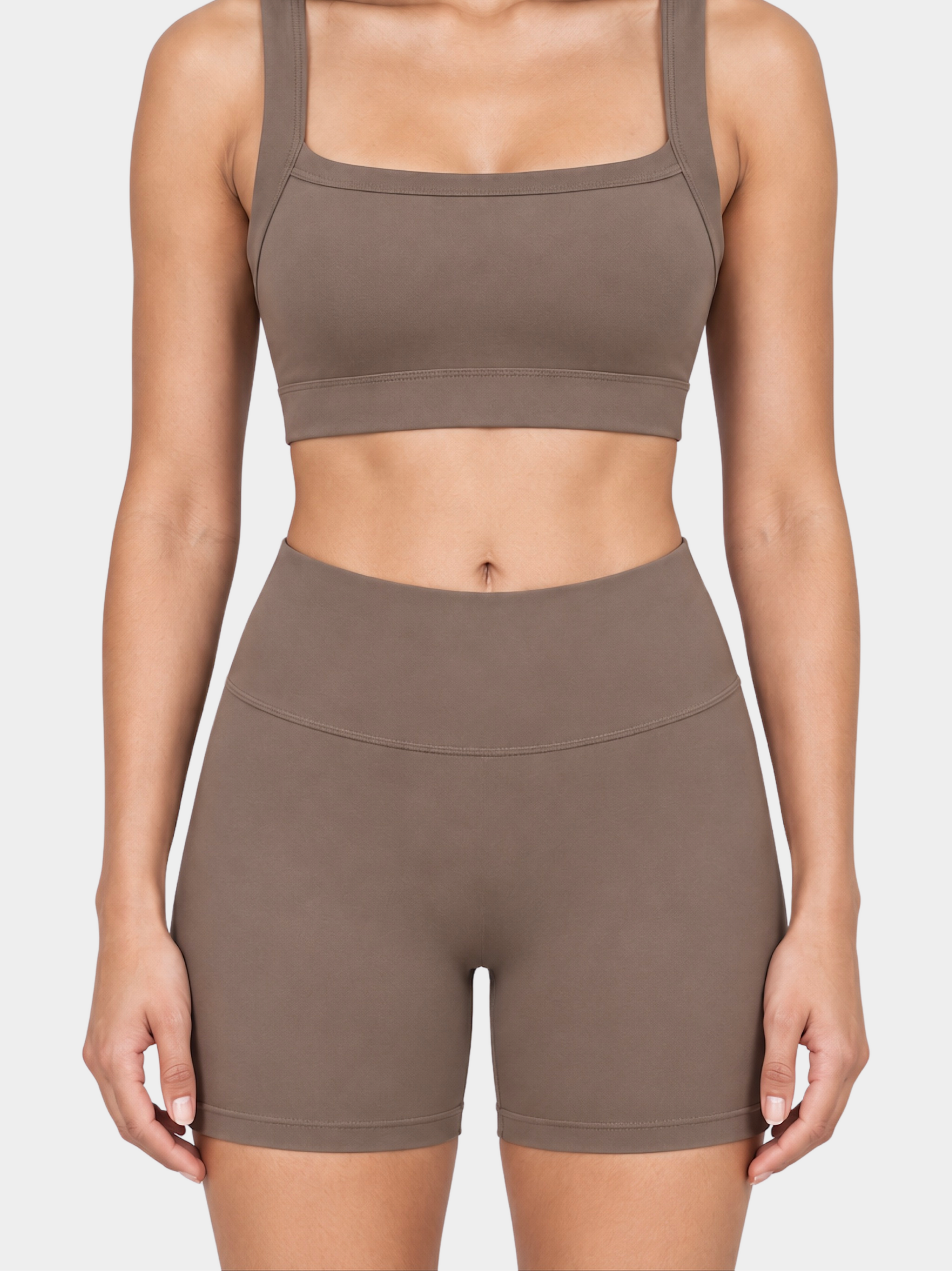 Woman wearing the Allure Short in Mocha by Gallenn – front detail