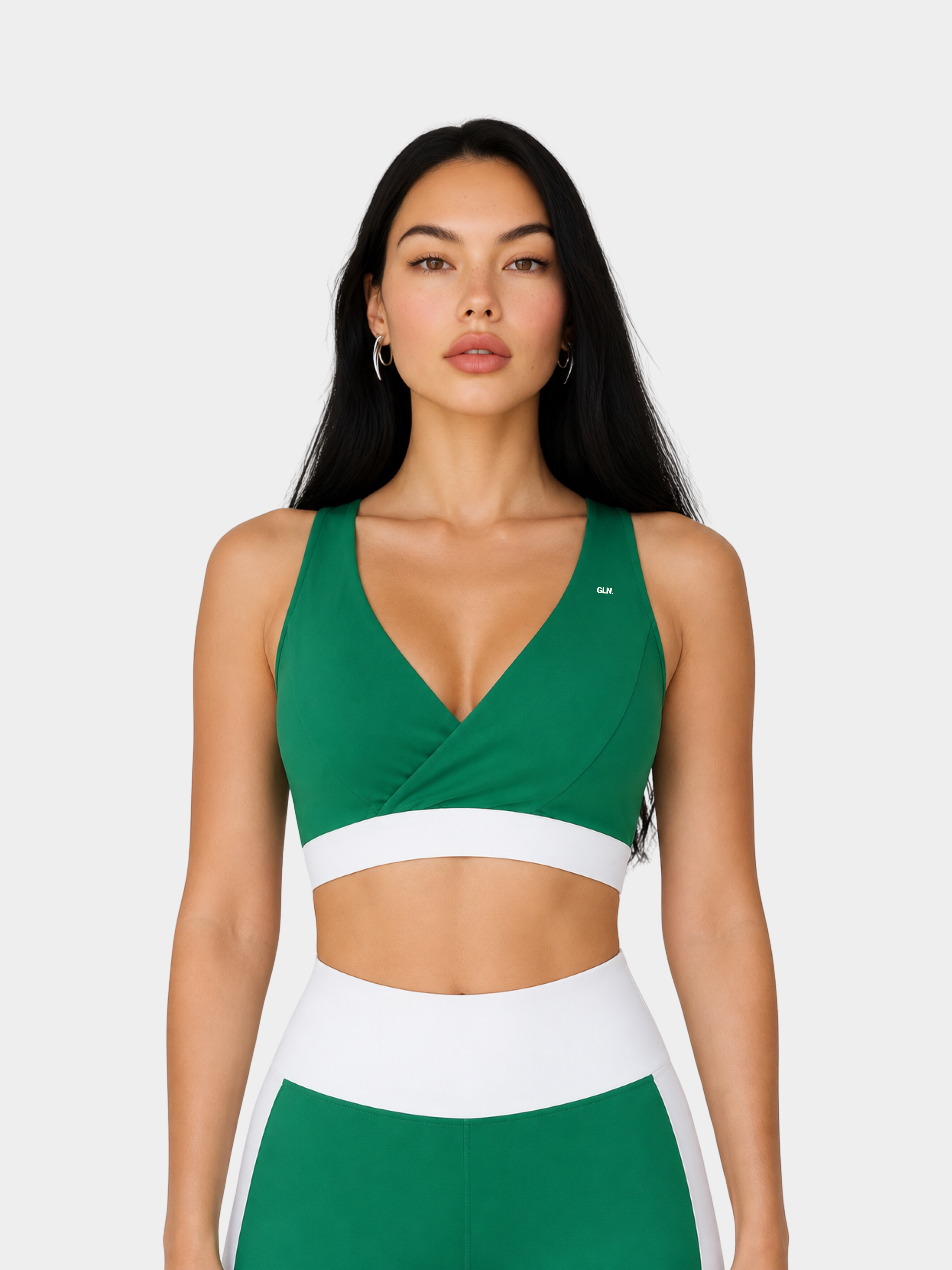 Model wearing the Élysée Bra in Emerald White, front view