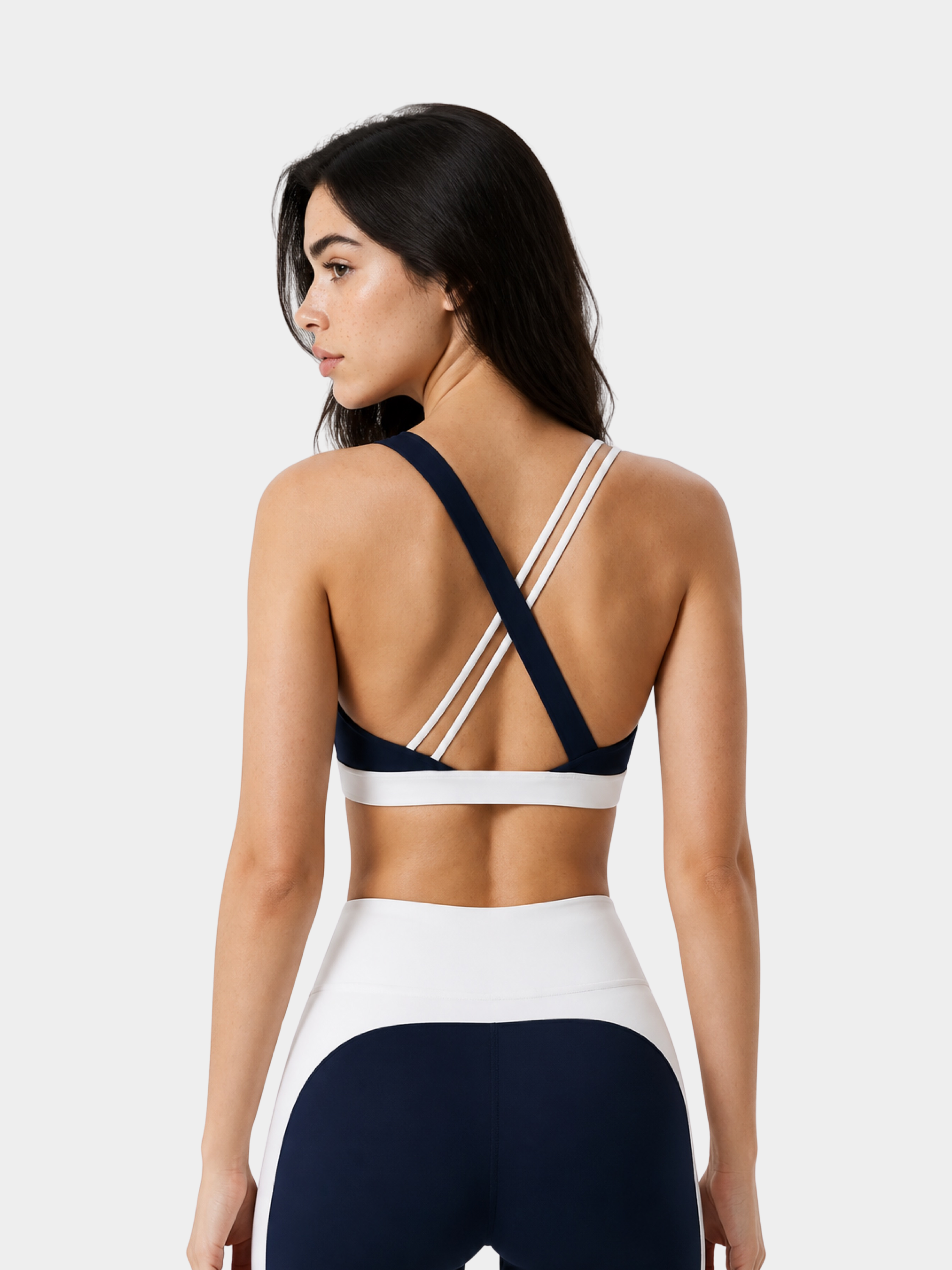 Woman wearing the Élysée Bra in Navy White, back view