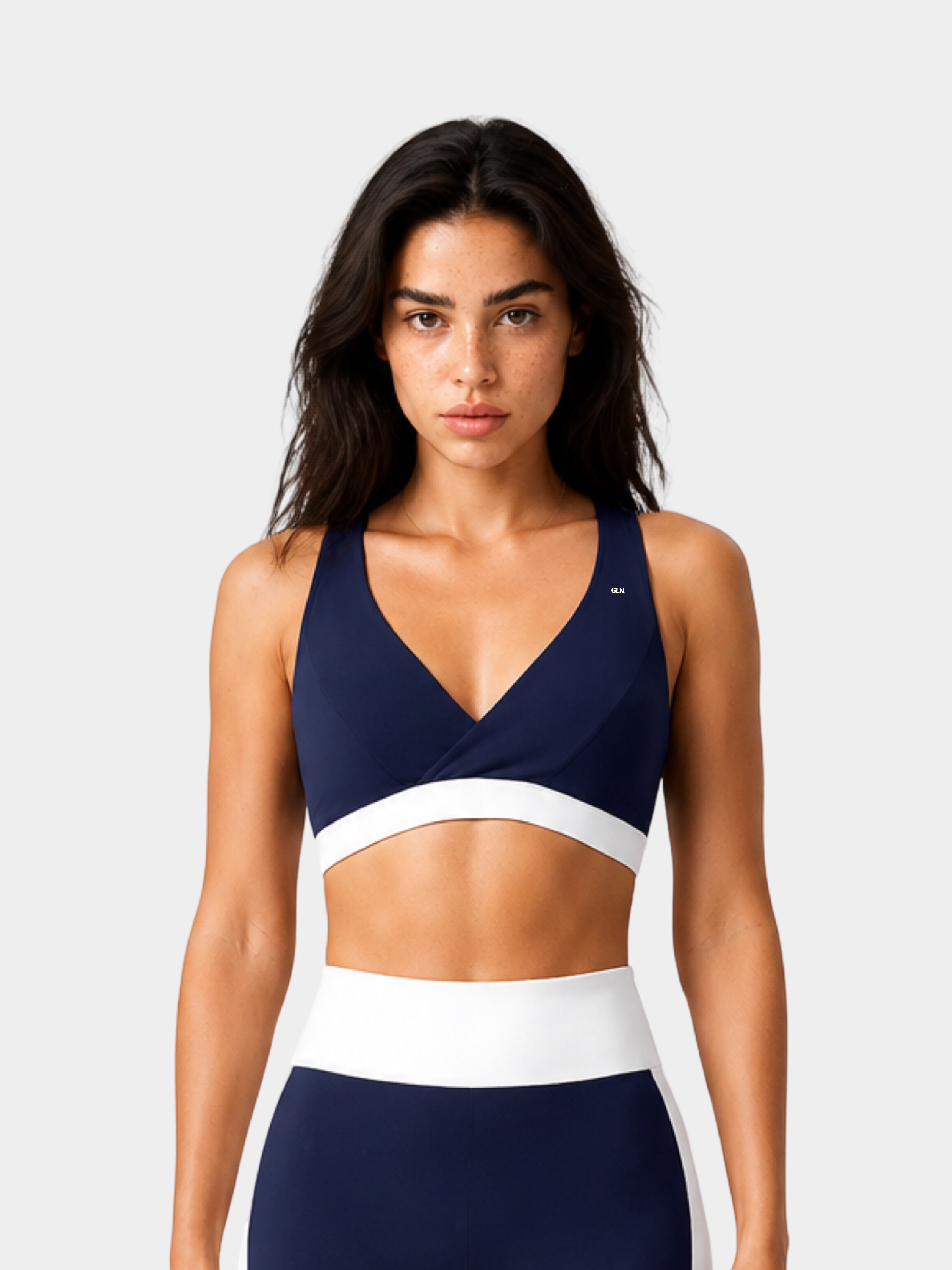 Woman wearing the Élysée Bra in Navy White, front view