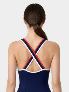 Paris Navy tennis dress – close-up cross-back detail