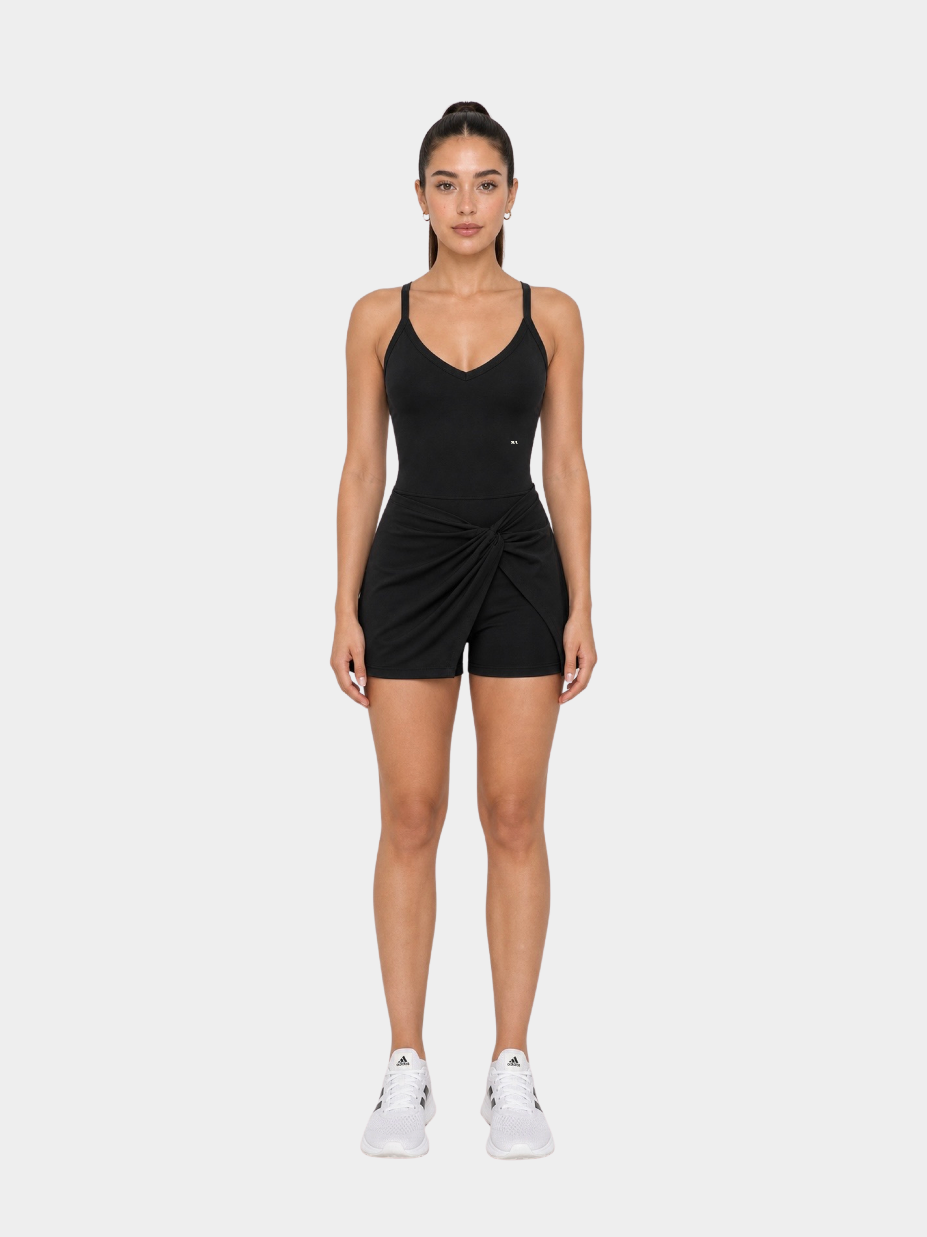 Rivoli Black tennis playsuit – model front view