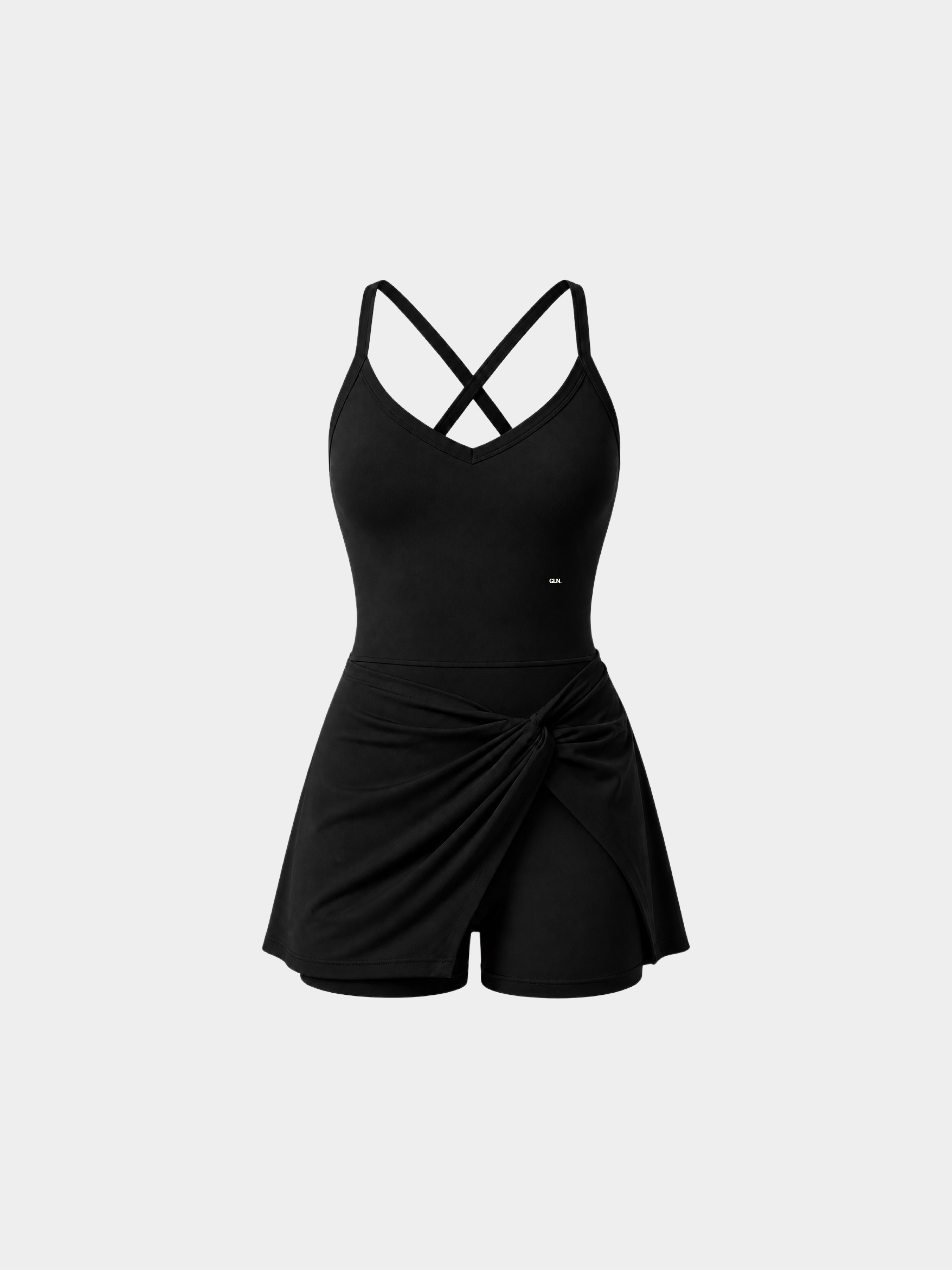 Rivoli Black tennis playsuit – ghost mannequin front view