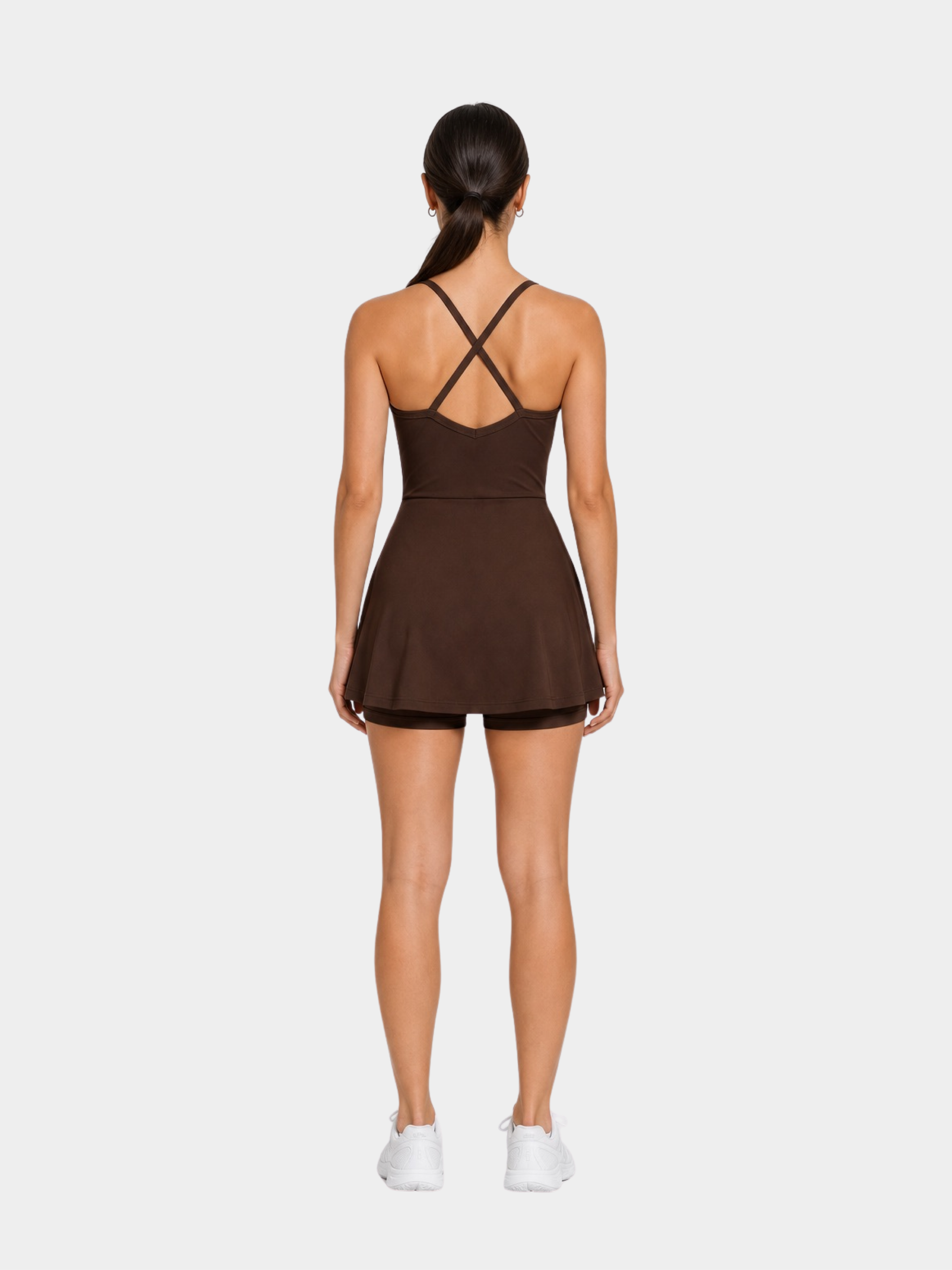 Rivoli Espresso Brown tennis playsuit – model back view