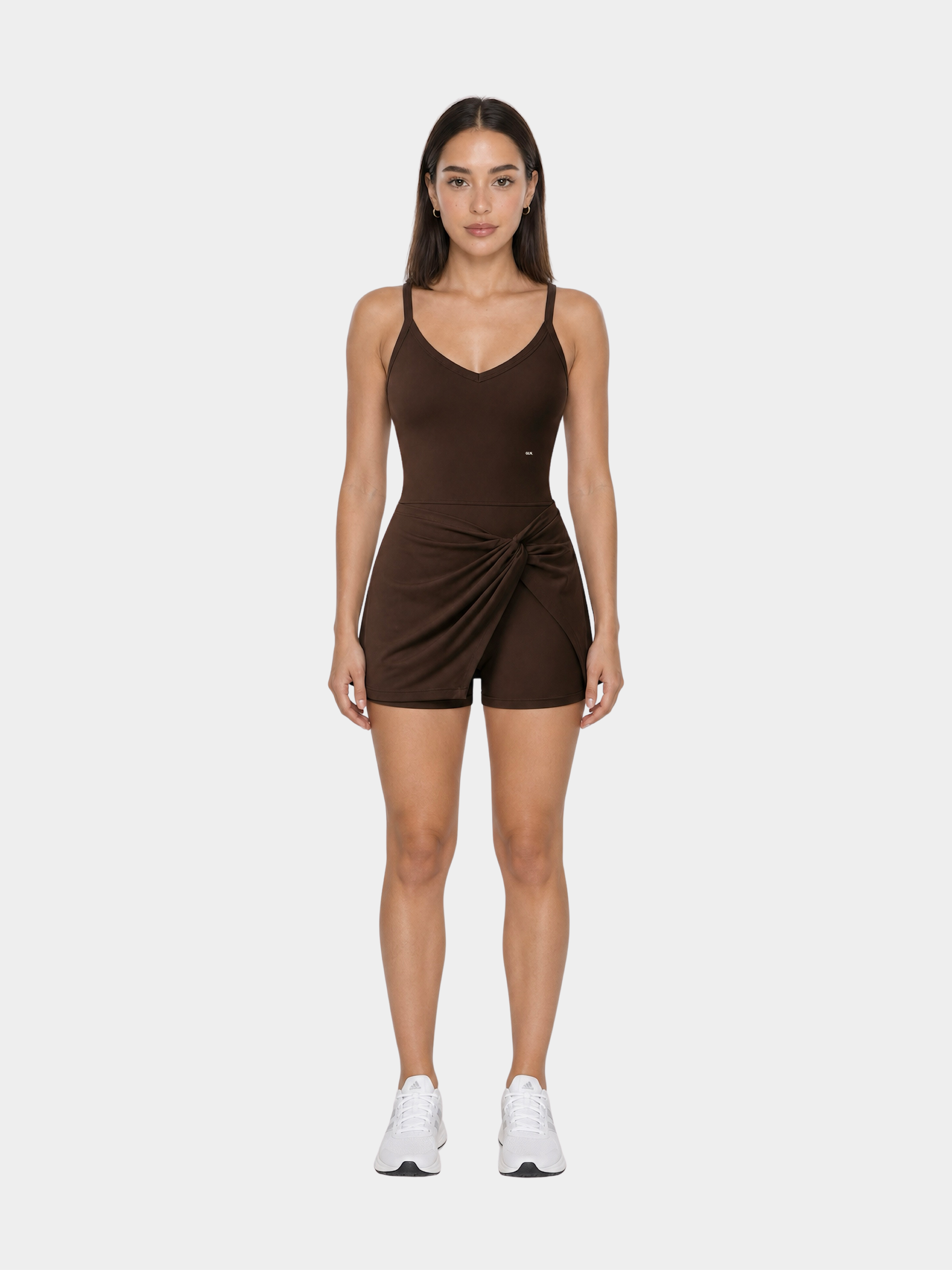 Rivoli Espresso Brown tennis playsuit – model front view