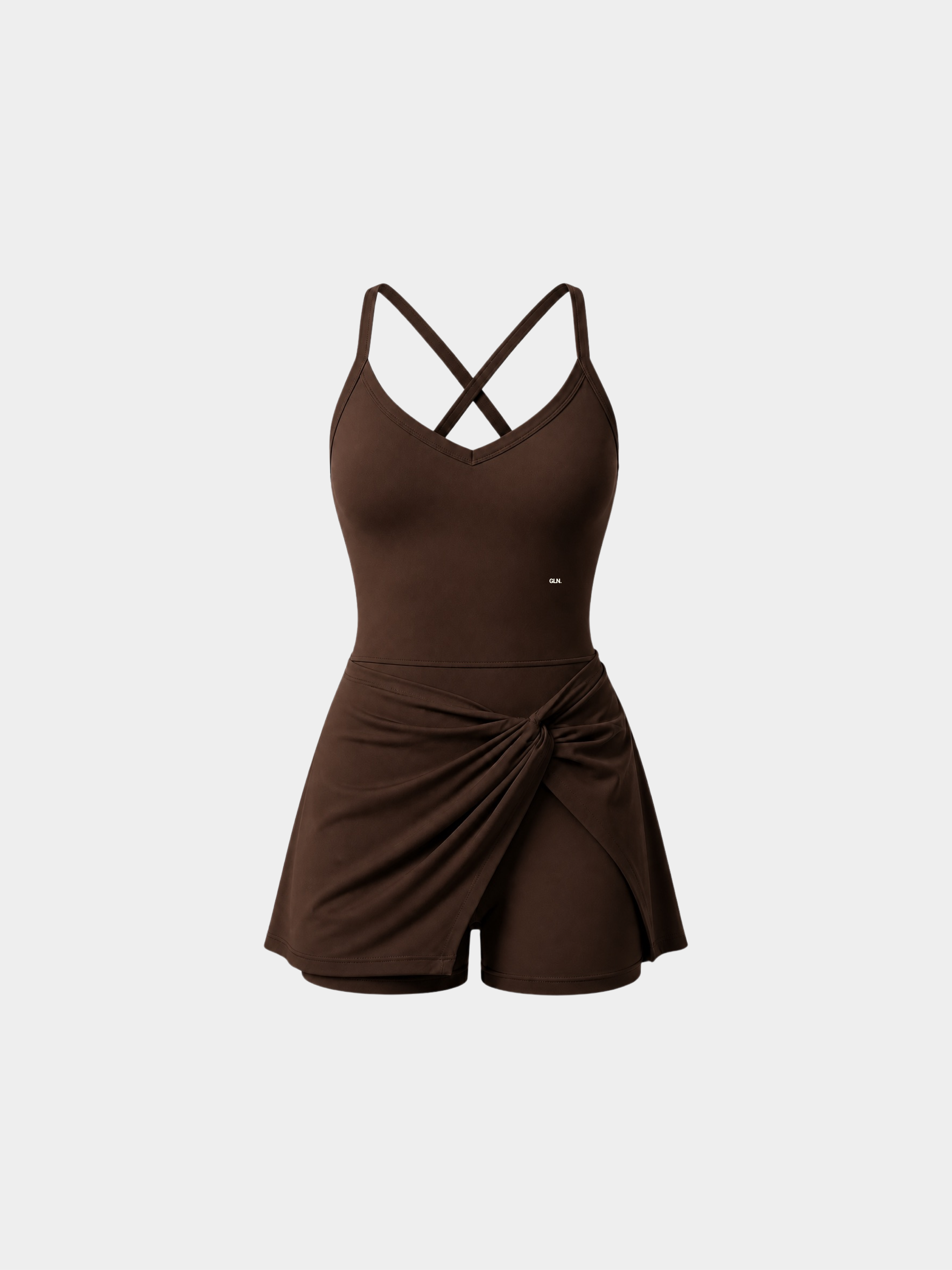 Rivoli Espresso Brown tennis playsuit – ghost mannequin front view