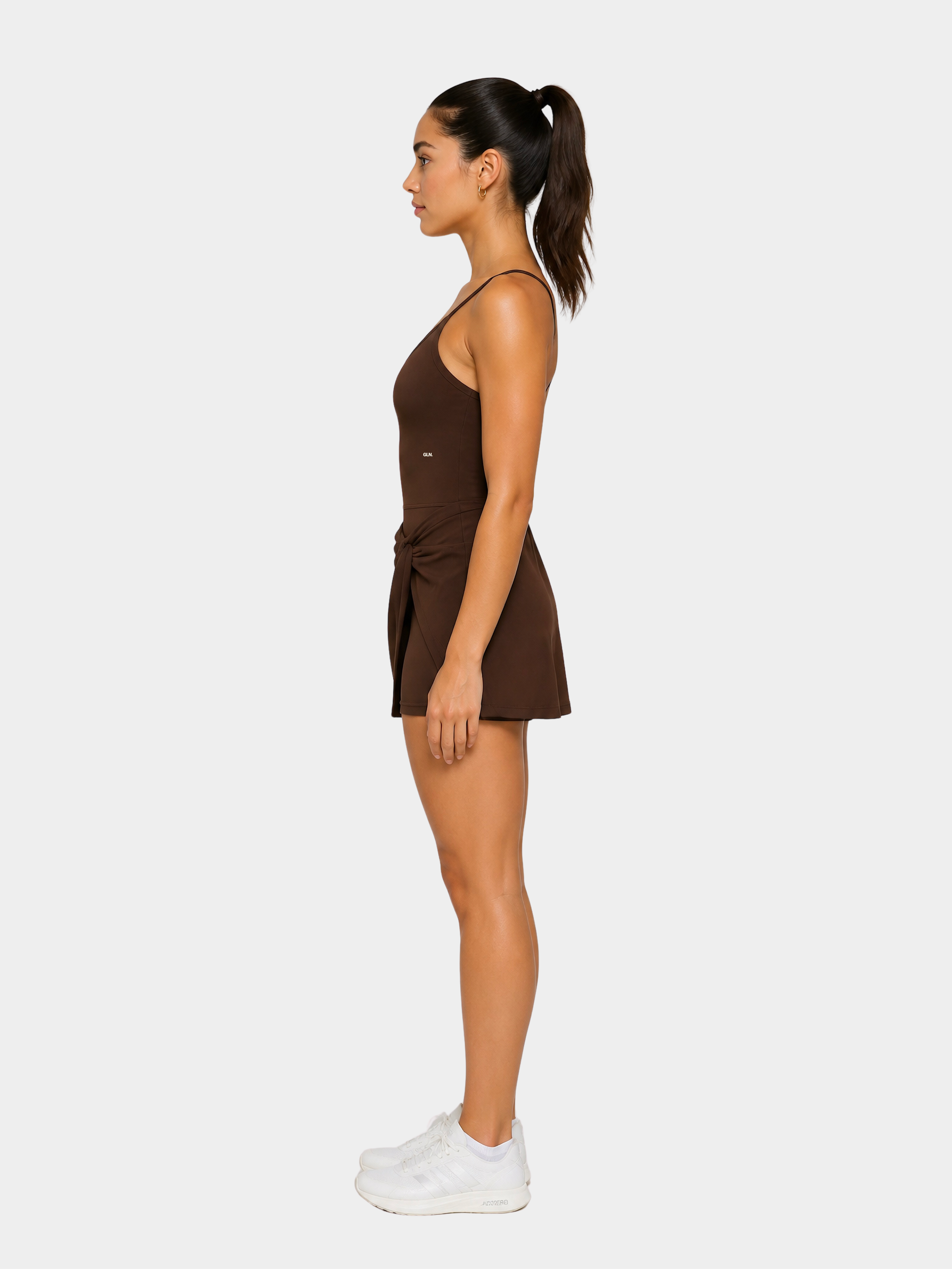 Rivoli Espresso Brown tennis playsuit – model side view