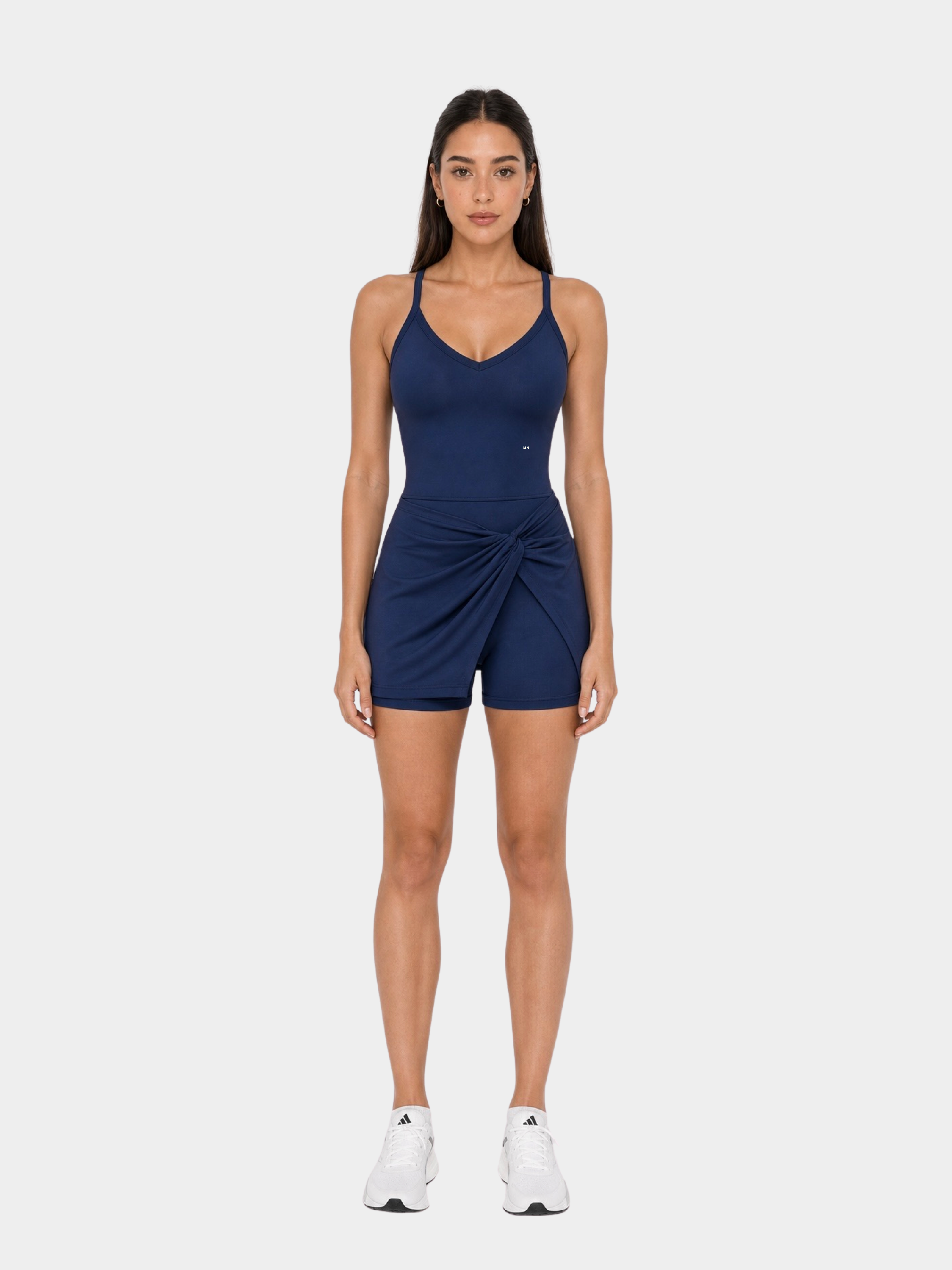 Rivoli Navy Blue tennis playsuit – model front view