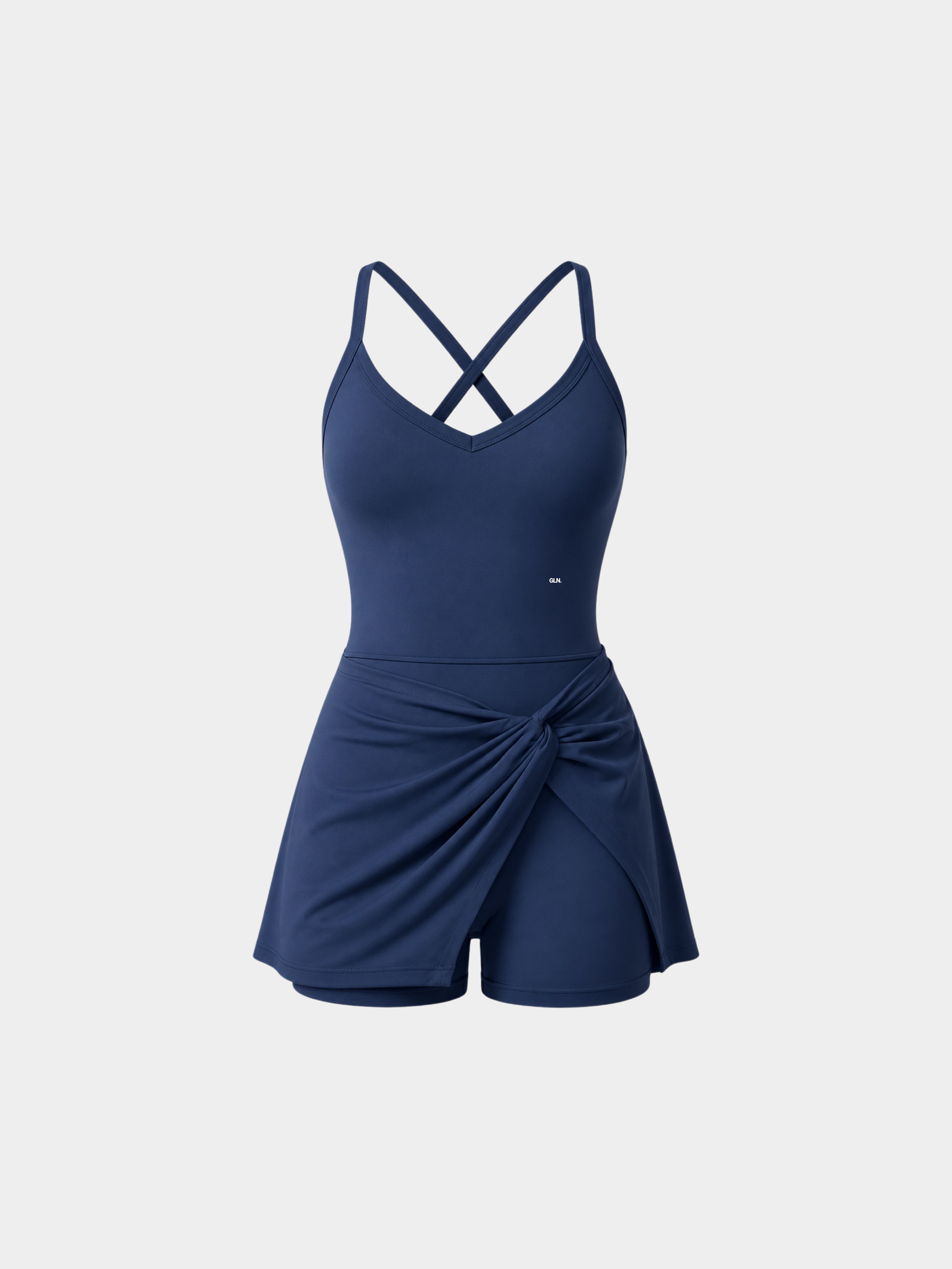 Rivoli Navy Blue tennis playsuit – ghost mannequin front view