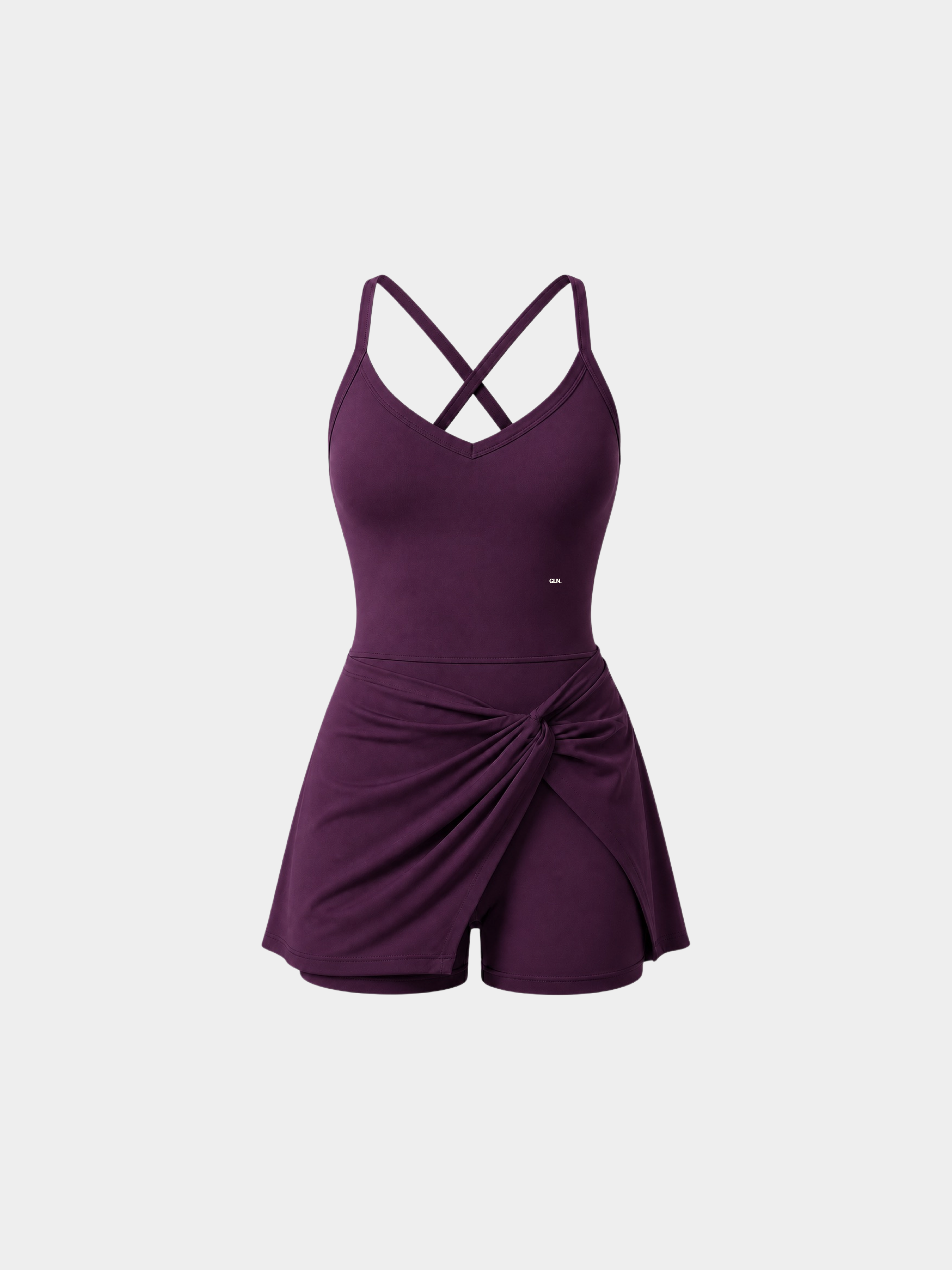 Rivoli Prune tennis playsuit – ghost mannequin front view