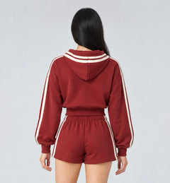 The Weekender Zip-Up Hoodie in Burgundy by Gallenn – model back with cream contrast stripes