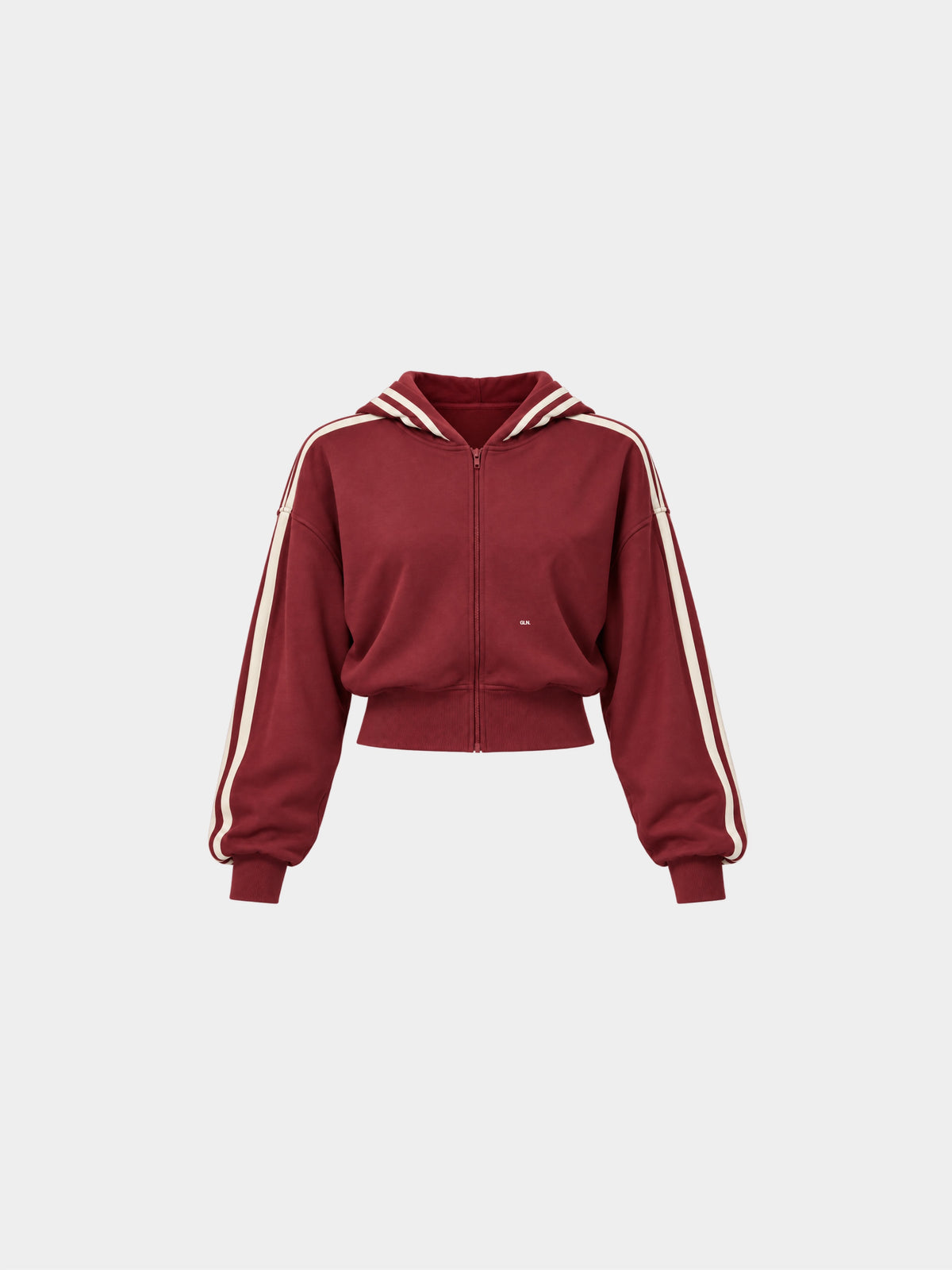 The Weekender Zip-Up Hoodie in Burgundy by Gallenn – product front with cream contrast stripes