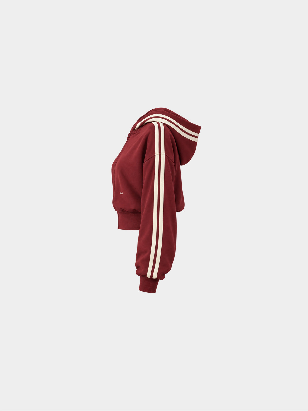 The Weekender Zip-Up Hoodie in Burgundy by Gallenn – product side with cream contrast stripes