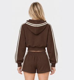 The Weekender Zip-Up Hoodie in Coffee by Gallenn – model back with cream contrast stripes