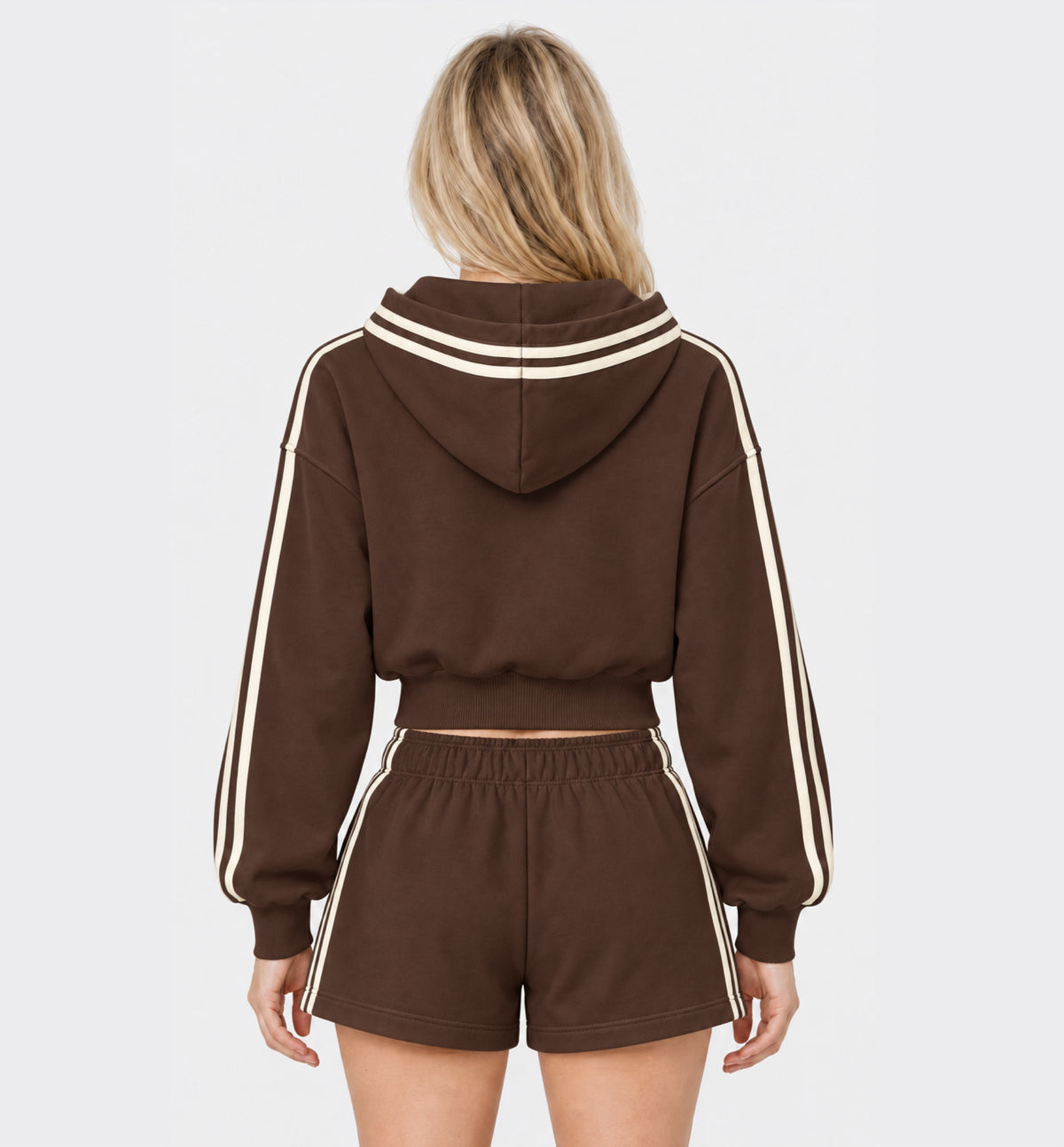 The Weekender Zip-Up Hoodie in Coffee by Gallenn – model back with cream contrast stripes