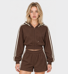 The Weekender Zip-Up Hoodie in Coffee by Gallenn – model front showing cream sleeve stripes