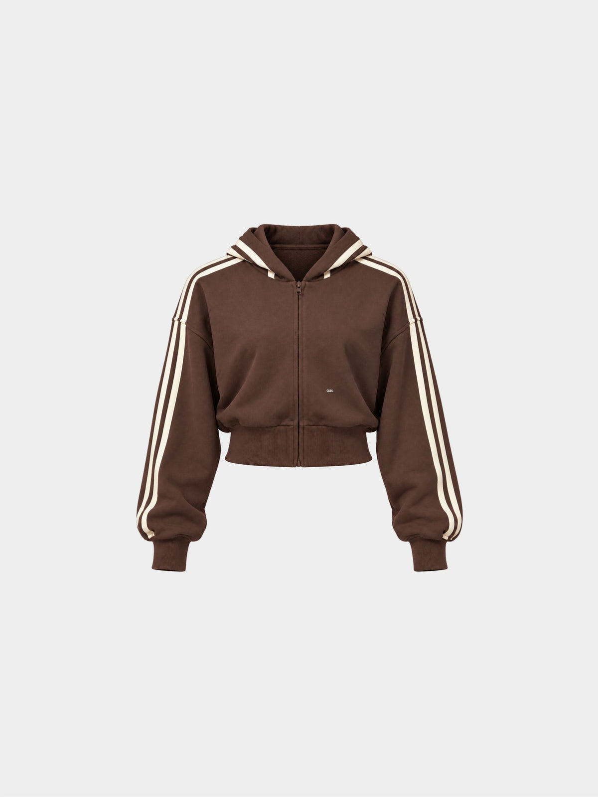 The Weekender Zip-Up Hoodie in Coffee by Gallenn – product front with cream contrast stripes
