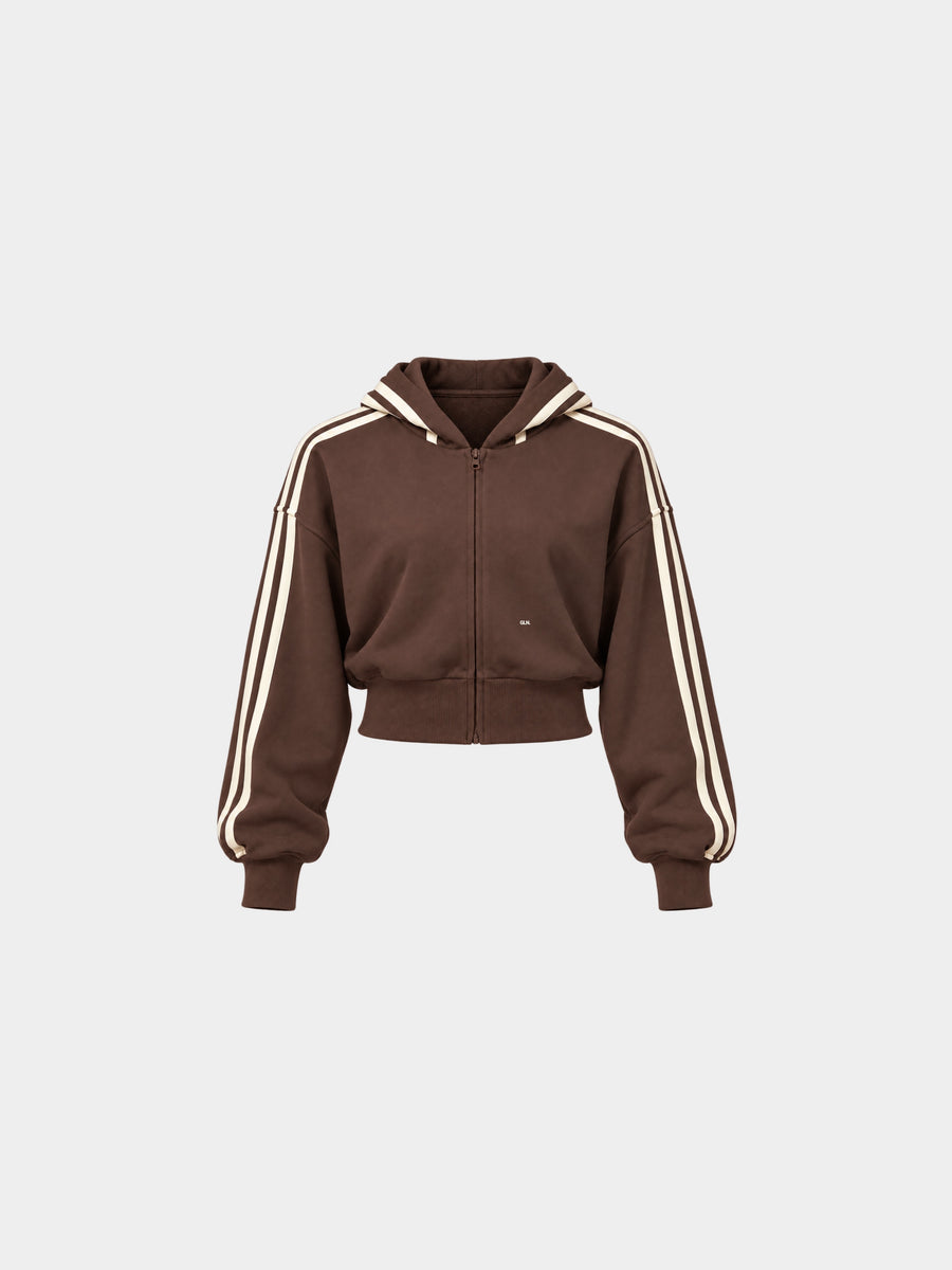 The Weekender Zip-Up Hoodie in Coffee by Gallenn – product front with cream contrast stripes