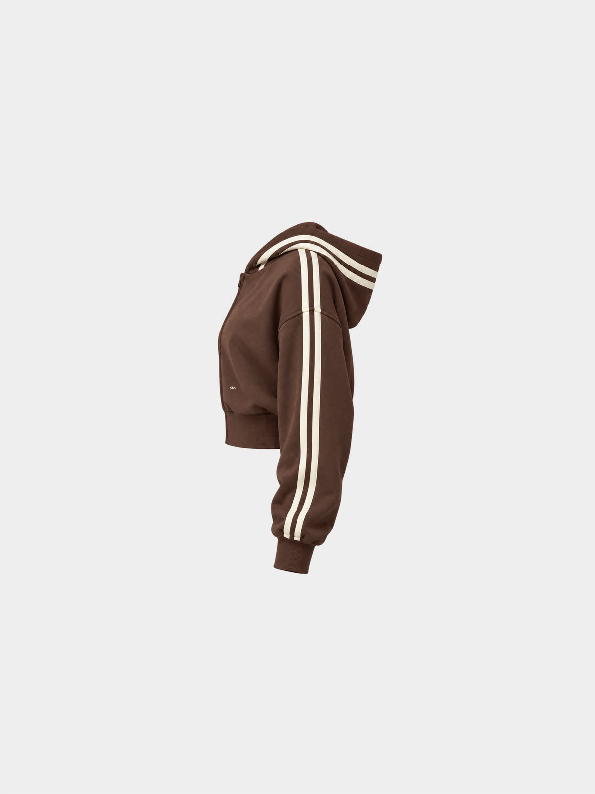 The Weekender Zip-Up Hoodie in Coffee by Gallenn – product side with cream contrast stripes