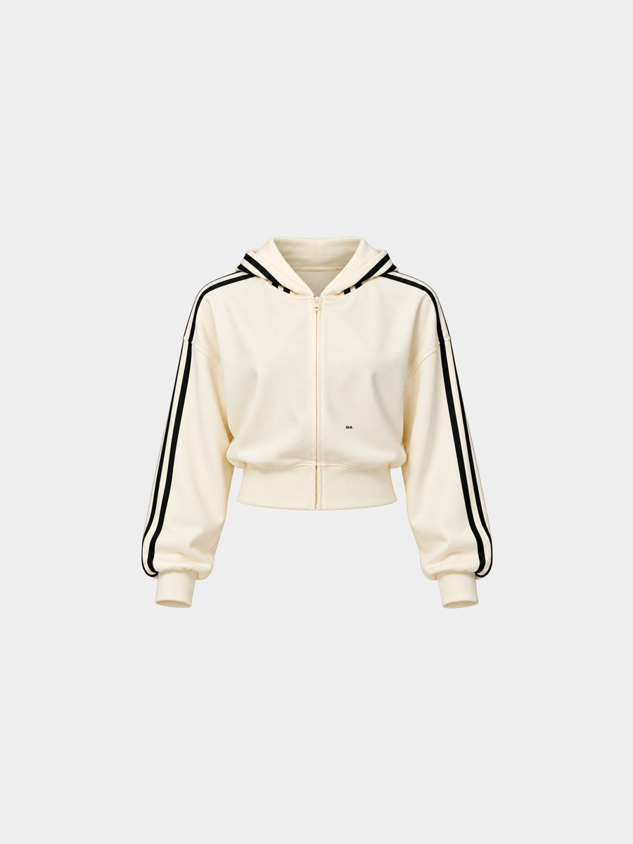 The Weekender Zip-Up Hoodie in Beige by Gallenn – product front with black contrast stripes