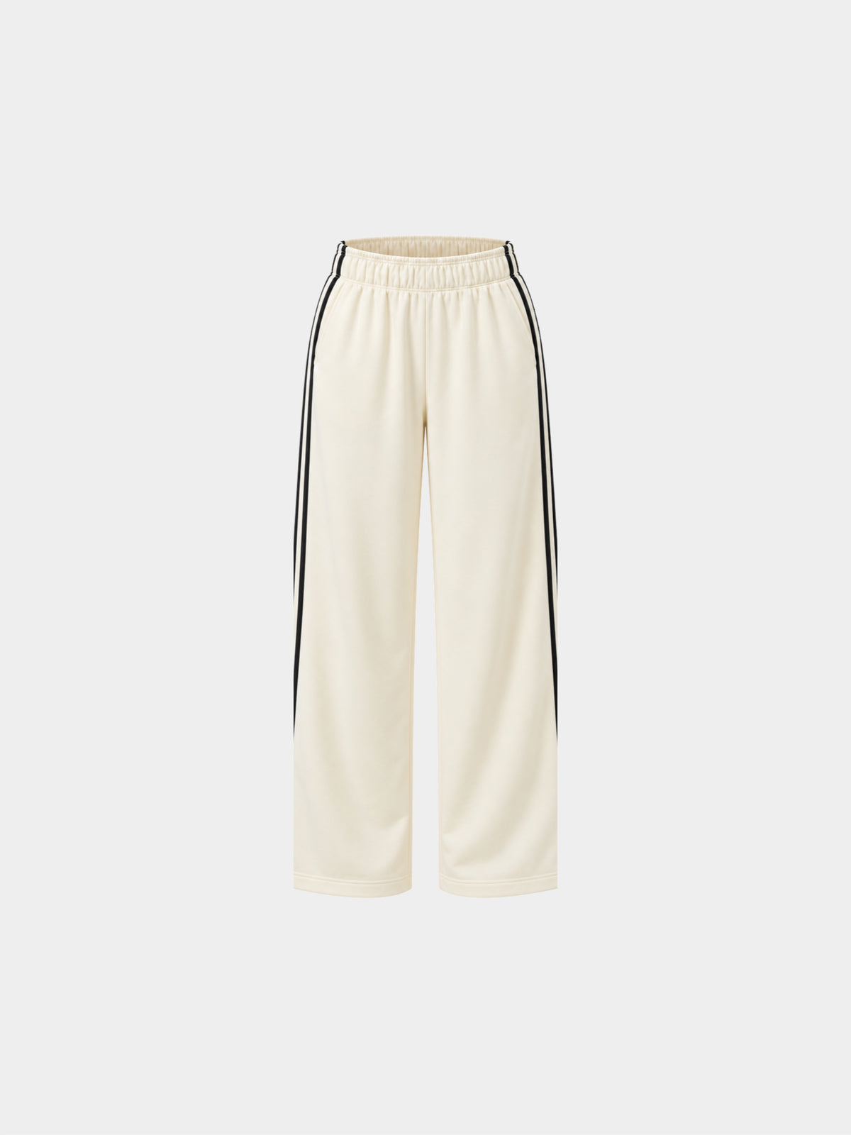 The Weekender Pants in Beige by Gallenn – product front view with wide legs and black side stripes