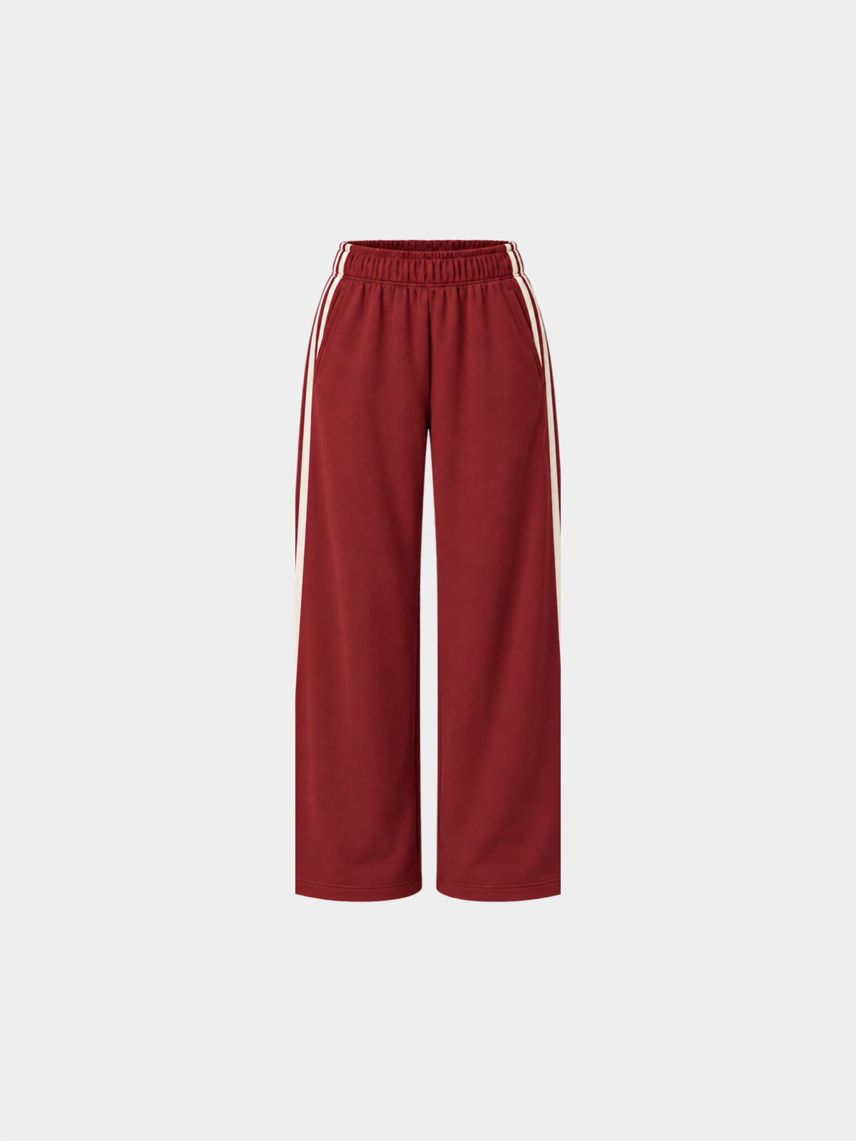 The Weekender Pants in Burgundy by Gallenn – product back view with wide legs and cream side stripes