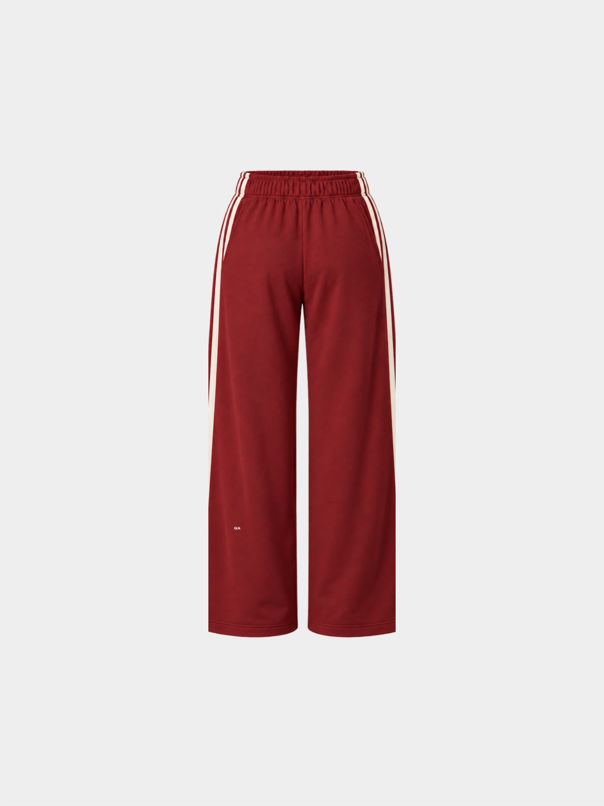 The Weekender Pants in Burgundy by Gallenn – product front view with wide legs and cream side stripes