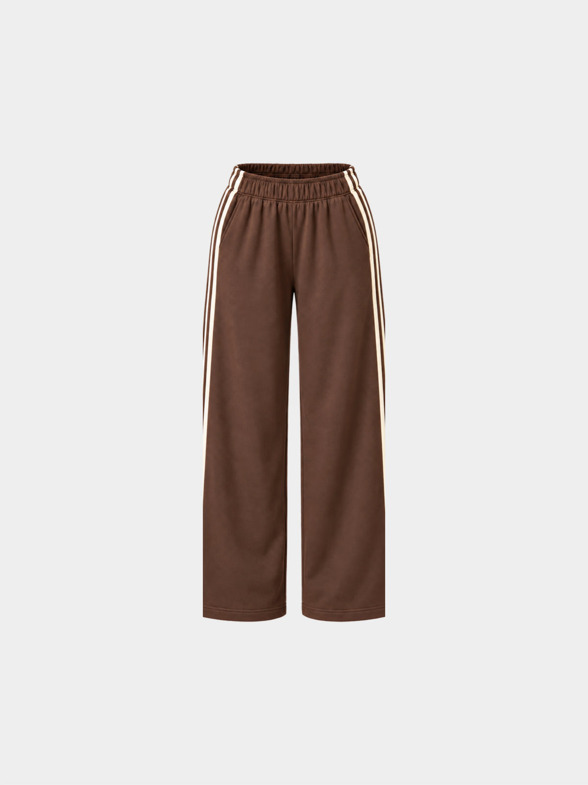 The Weekender Pants in Coffee by Gallenn – product front view with wide legs and cream side stripes
