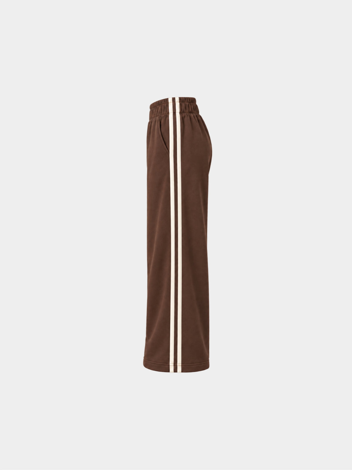 The Weekender Pants in Coffee by Gallenn – product side view with wide legs and cream side stripes
