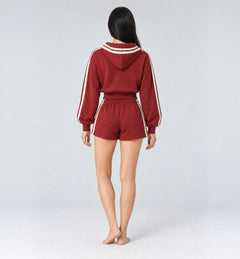 The Weekender Shorts in Burgundy by Gallenn – model back with matching zip-up hoodie