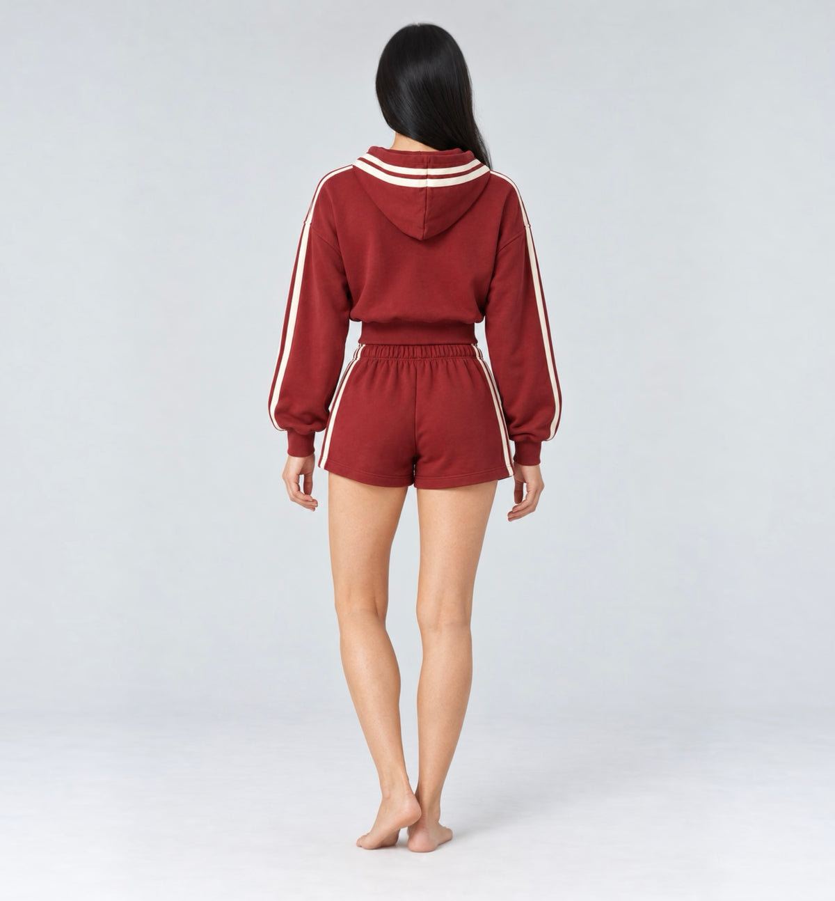 The Weekender Shorts in Burgundy by Gallenn – model back with matching zip-up hoodie