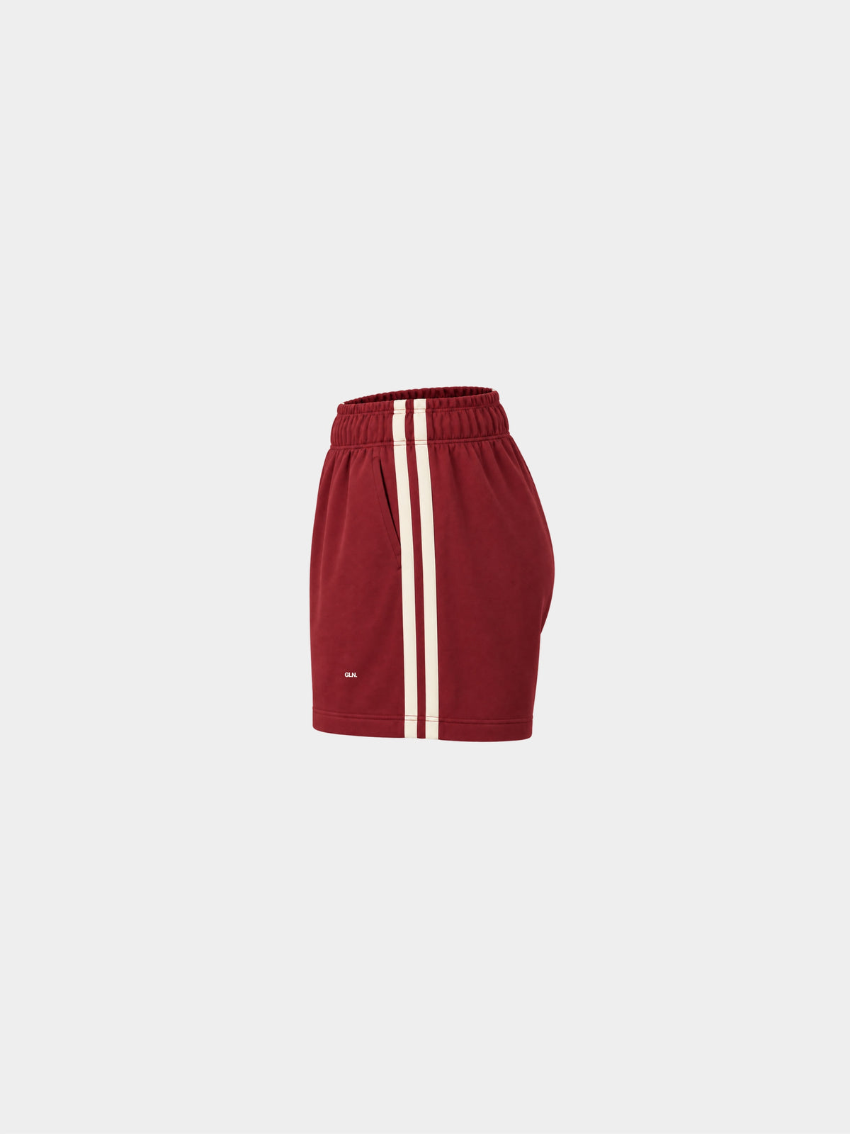 The Weekender Shorts in Burgundy by Gallenn – product side with cream side stripes
