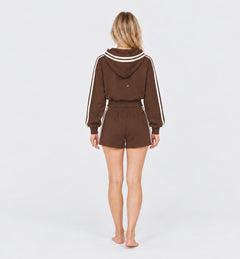 The Weekender Shorts in Coffee by Gallenn – model back with cream side stripes