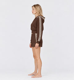 The Weekender Shorts in Coffee by Gallenn – model side with cream side stripes