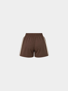 The Weekender Shorts in Coffee by Gallenn – product back with cream side stripes