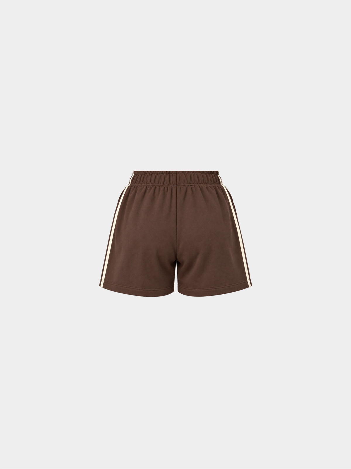 The Weekender Shorts in Coffee by Gallenn – product back with cream side stripes