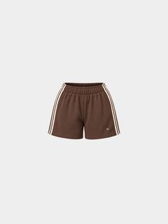 The Weekender Shorts in Coffee by Gallenn – product front with cream side stripes