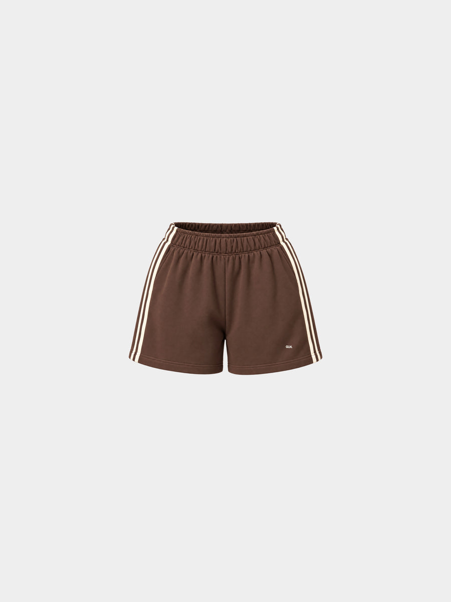 The Weekender Shorts in Coffee by Gallenn – product front with cream side stripes