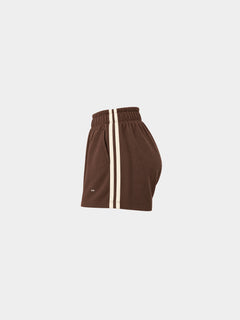 The Weekender Shorts in Coffee by Gallenn – product side with cream side stripes