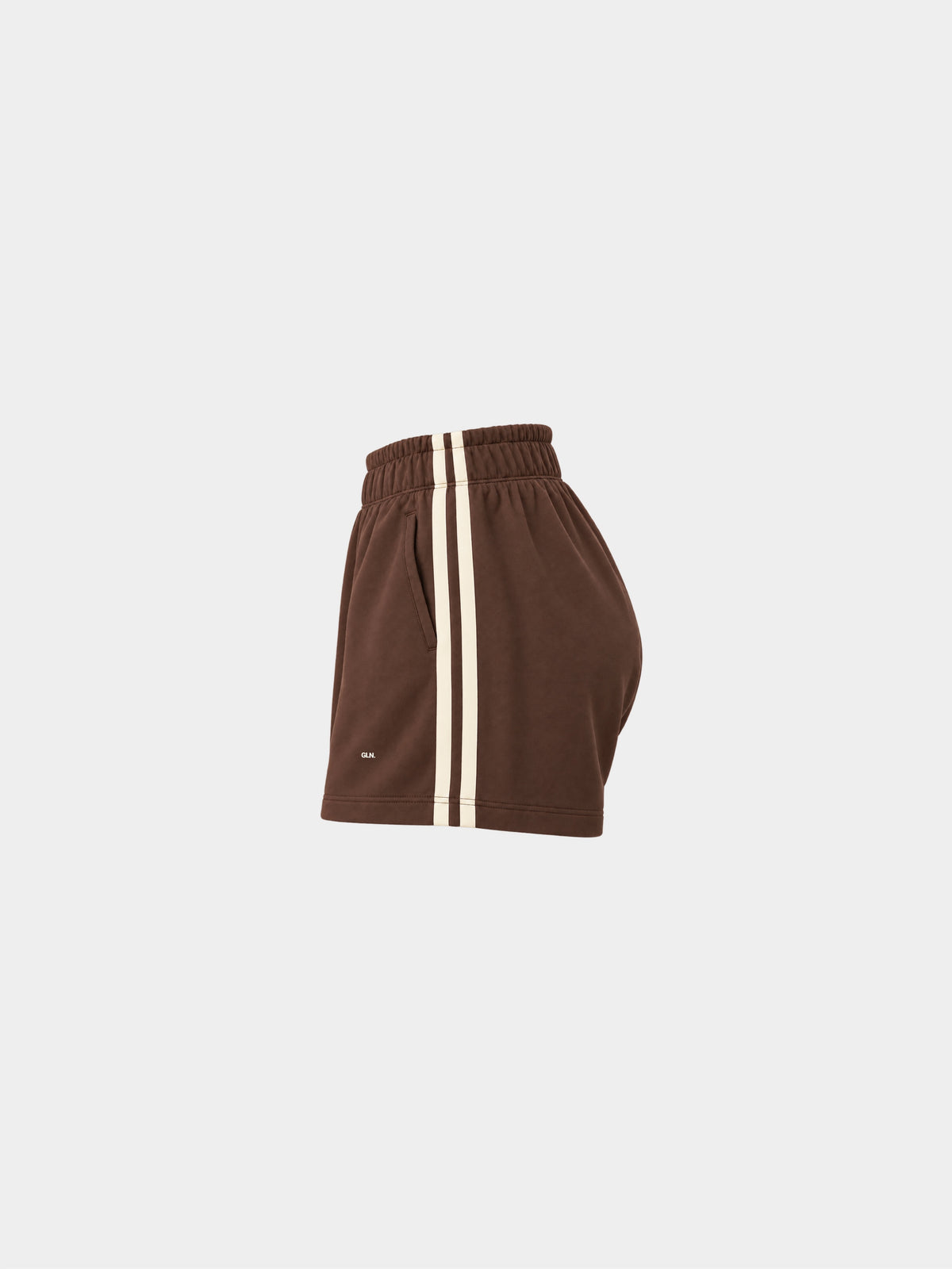 The Weekender Shorts in Coffee by Gallenn – product side with cream side stripes